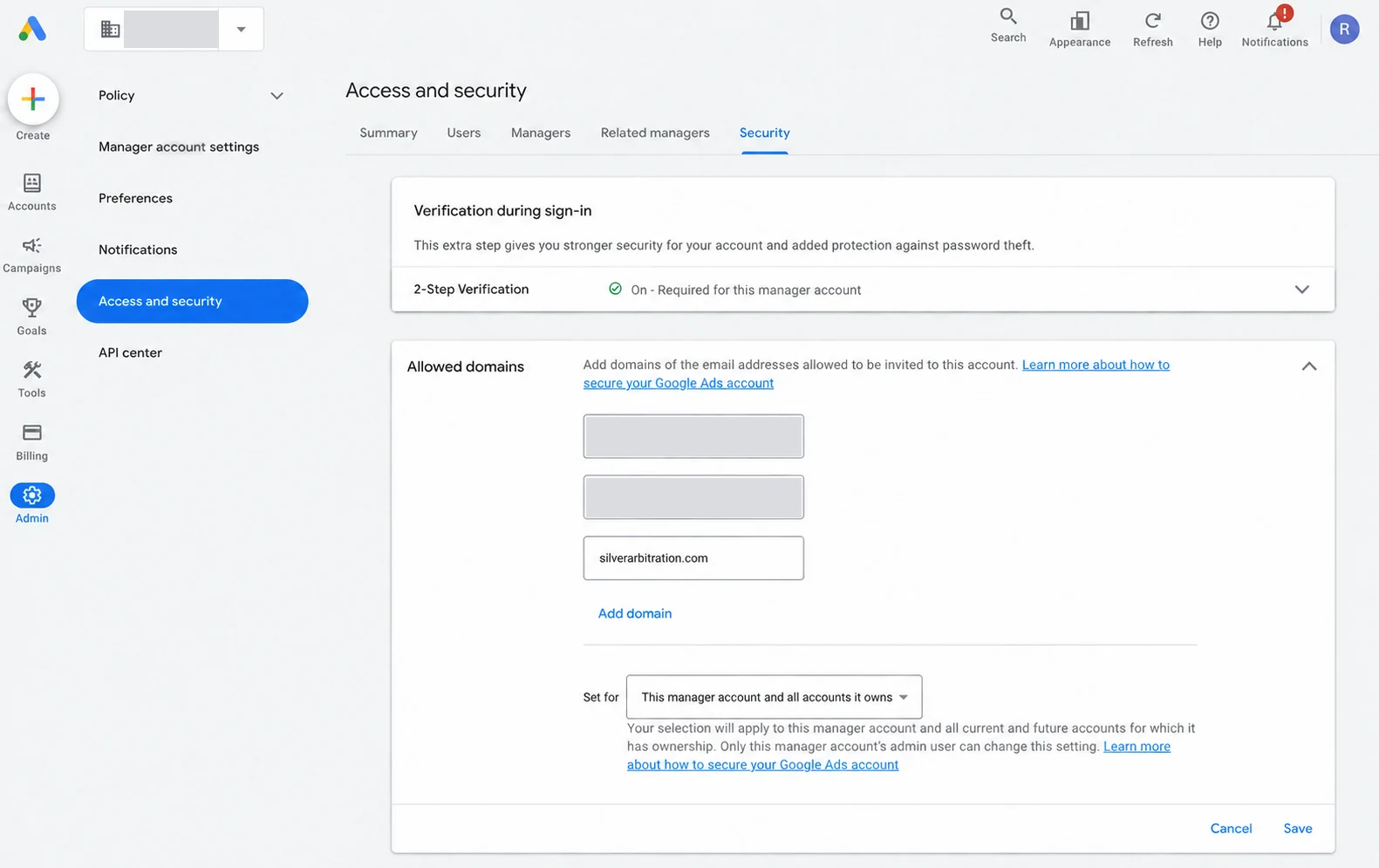 Google Ads Access and security page, Security tab, with silverarbitration.com entered under Allowed domains.