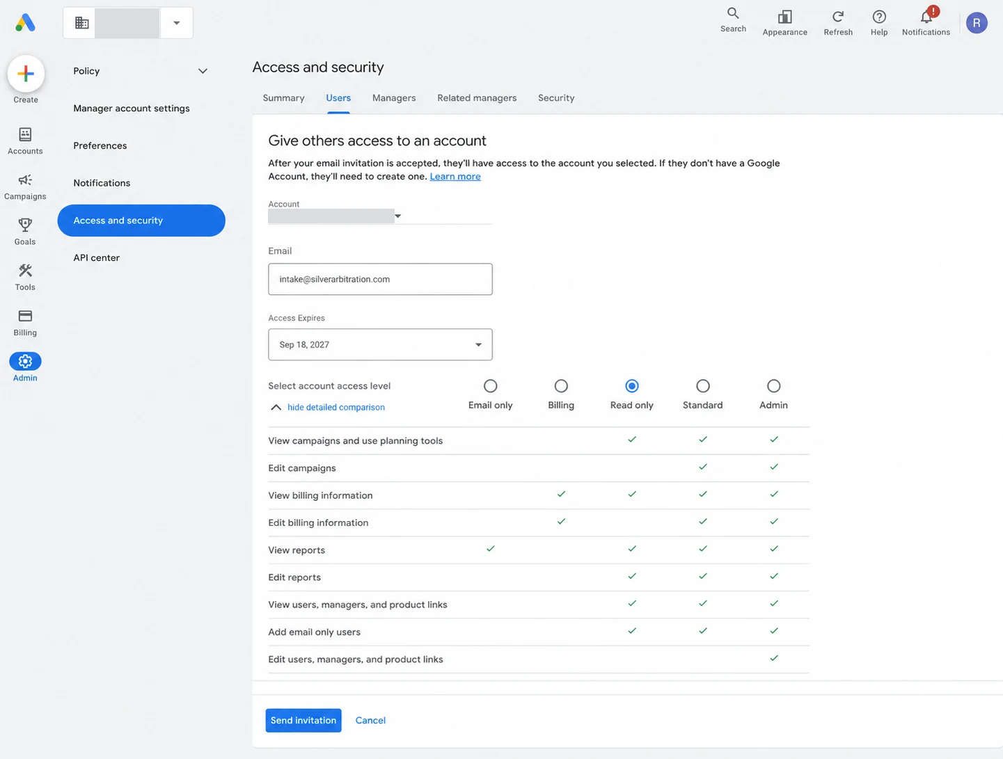 Google Ads invitation form with intake@silverarbitration.com entered, Access Expires set a year out and Read only selected.