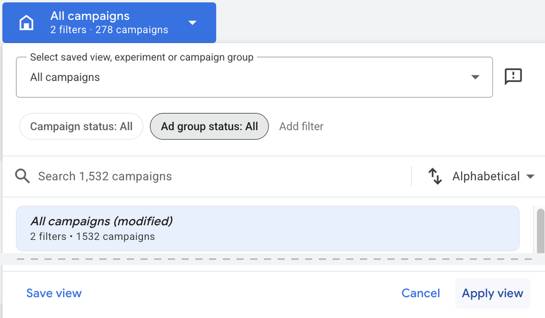 The campaign picker with Campaign status: All and Ad group status: All, the view now covering 1,532 campaigns instead of 278, and the Apply view button at the bottom.
