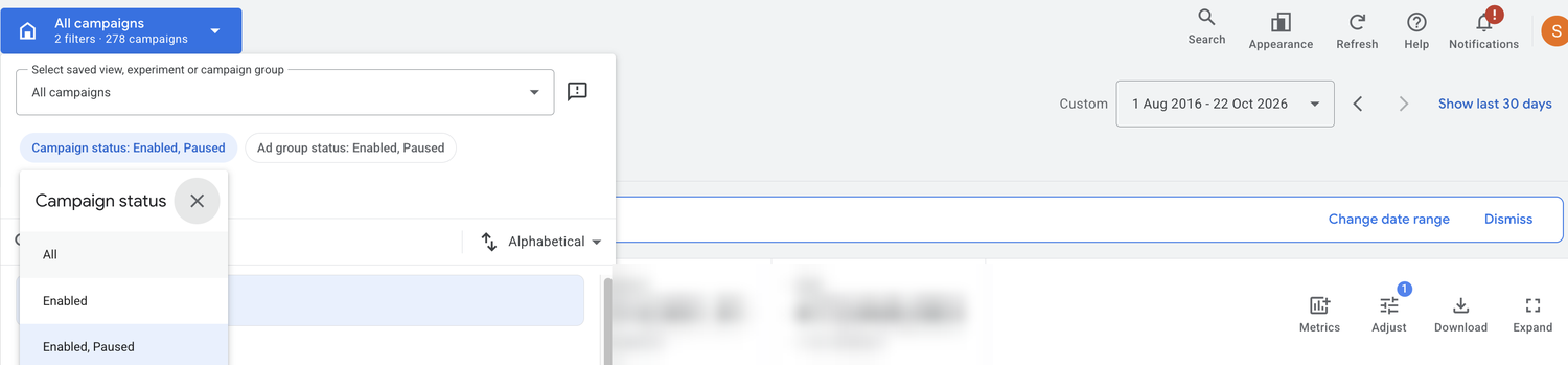 The All campaigns picker opened, showing 2 filters: Campaign status Enabled, Paused and Ad group status Enabled, Paused. The Campaign status menu is open with All, Enabled and Enabled, Paused.